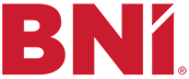 Logo von BNI in roten Buchstaben mit stilisiertem I
