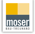 Logo von Moser Bau-Treuhand mit gelbem Quadrat und grauem Schriftzug