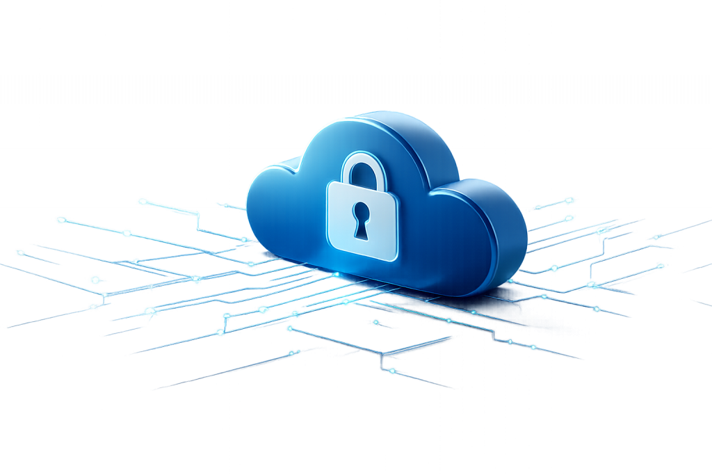 Eine blaue Wolke mit einem Vorhängeschloss symbolisiert IT-Sicherheit und Zero-Trust-Prinzipien von CodeKlar.