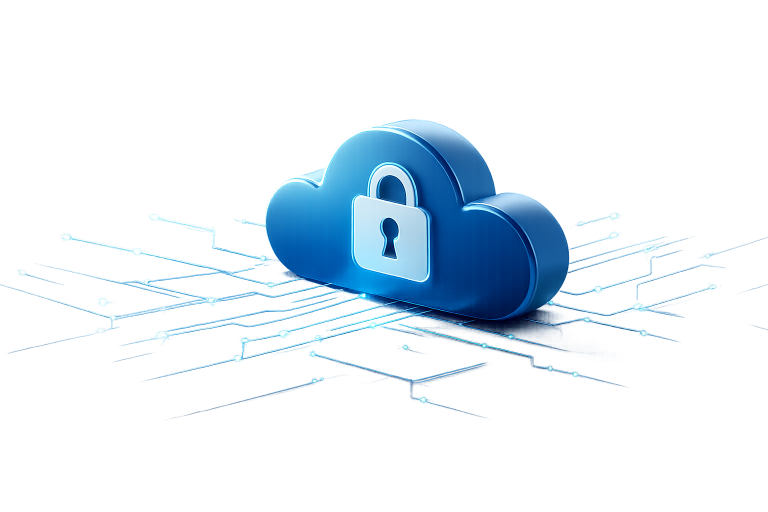 Eine blaue Wolke mit einem Vorhängeschloss symbolisiert IT-Sicherheit und Zero-Trust-Prinzipien von CodeKlar.