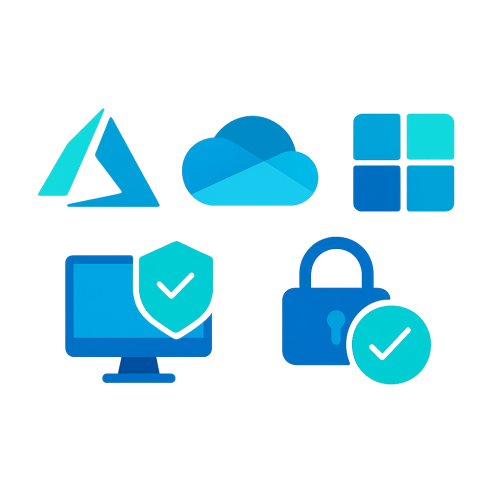 Ein blaues Icon-Design zeigt Symbole für IT Sicherheit mit einem Schloss, einem Häkchen und Microsoft-Elementen.