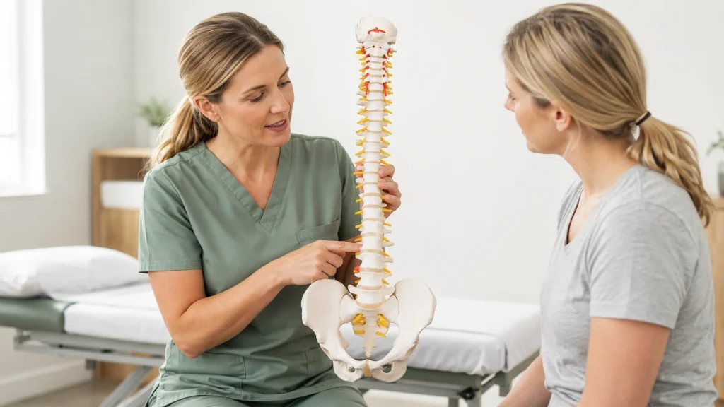 Close-up of a chiropractor’s hands providing a controlled back adjustment to a patient
